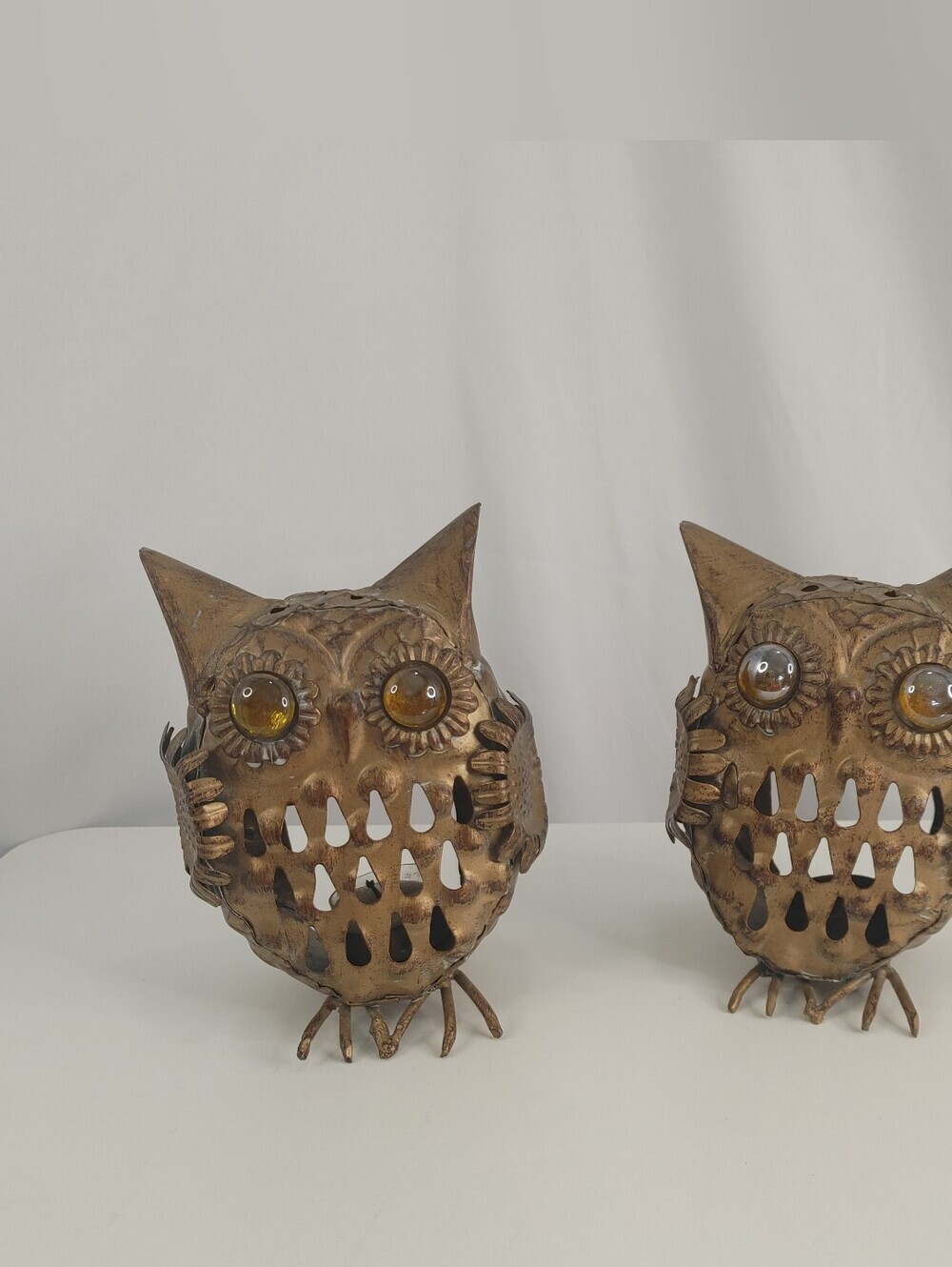 Vintage Metal Owl Tealight Candle Holders Pair 1970s Amber Glass Eyes 5.5" Retro